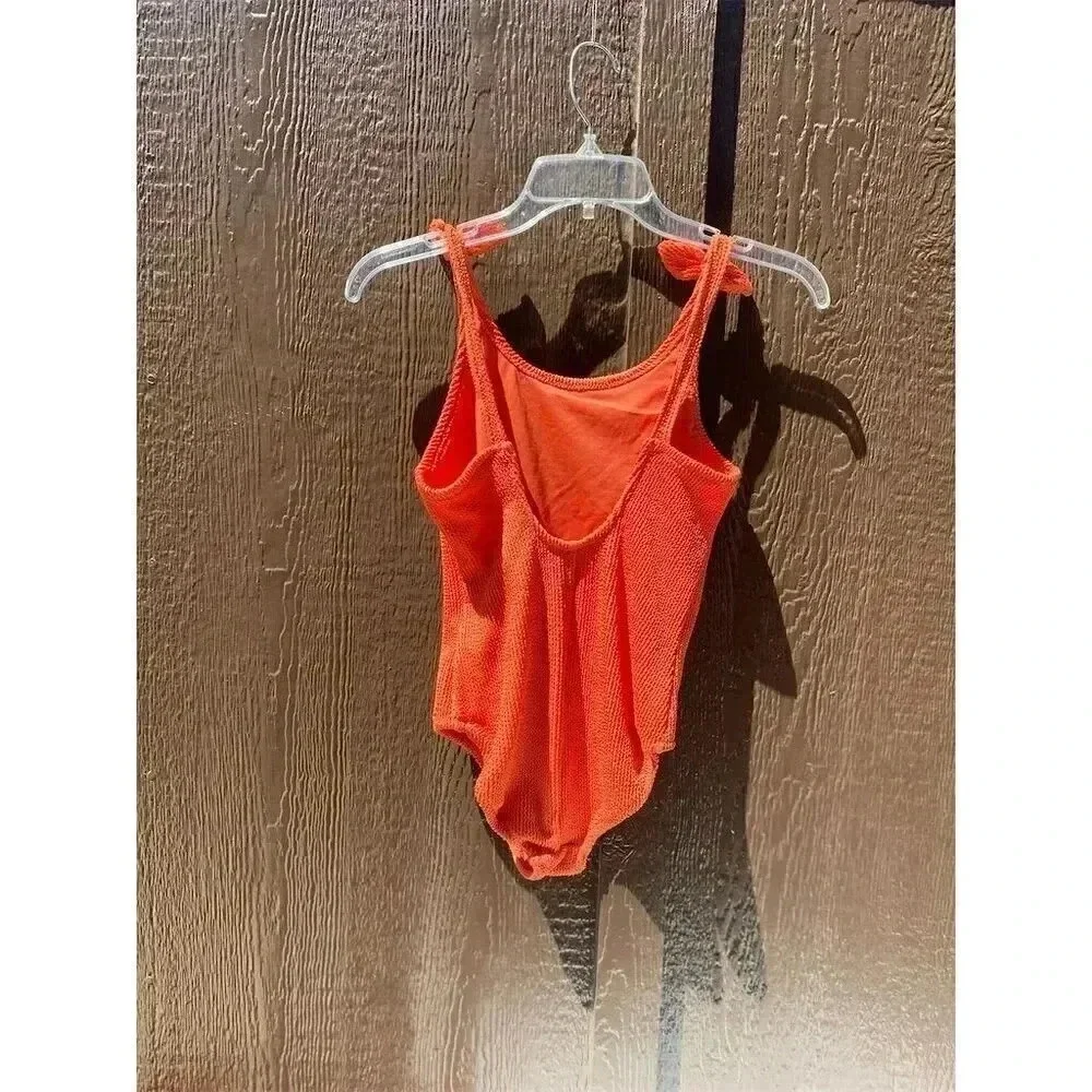 Cat & Jack Girls' Orange One-Piece Swimsuit Size L 10/12 Textured Pucker Design